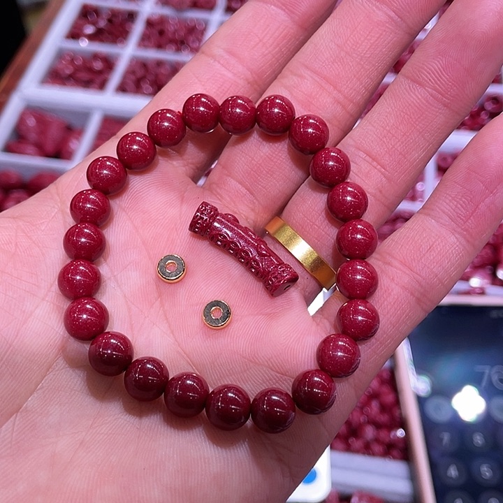 天然辰砂紫金砂8毫米配元宝钱币弯管铜隔片2