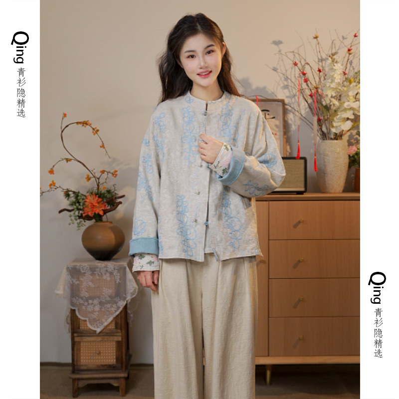 【线绣双面穿】刺绣提花亚麻两面穿外套新中式百搭休闲上衣女6720