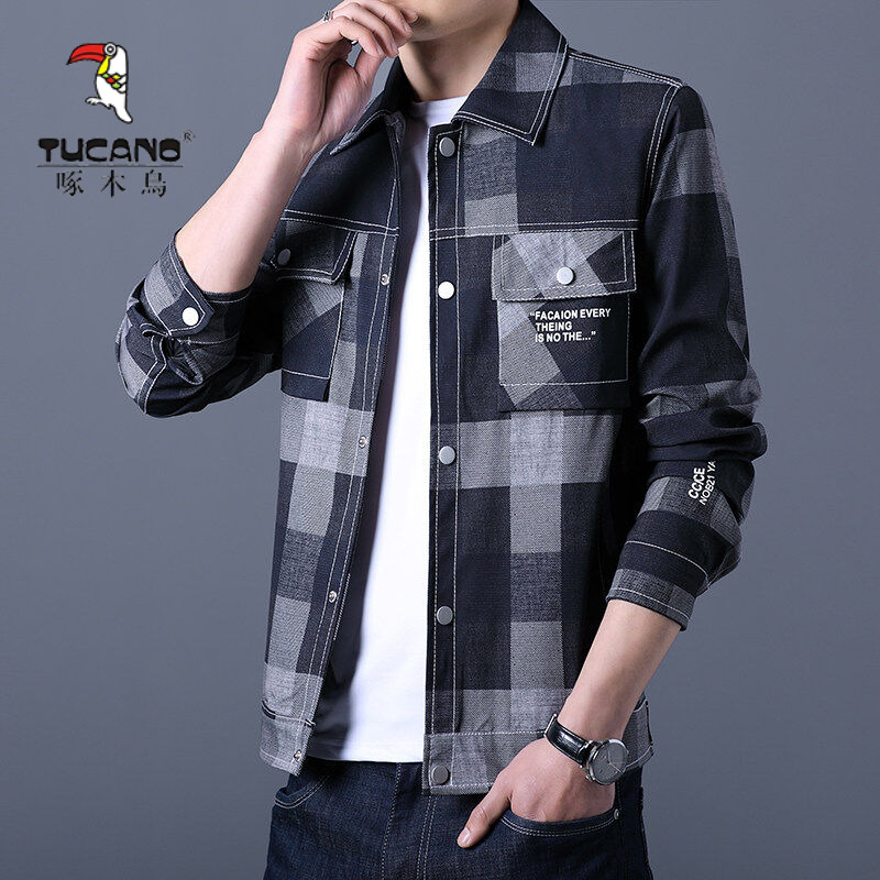 啄木鸟夹克外套春秋款格子开衫翻领外套休闲时尚潮流个性穿搭青年