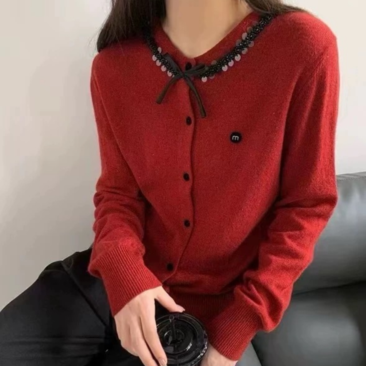 2025蝴蝶结亮片钉珠M针织开衫外搭时尚