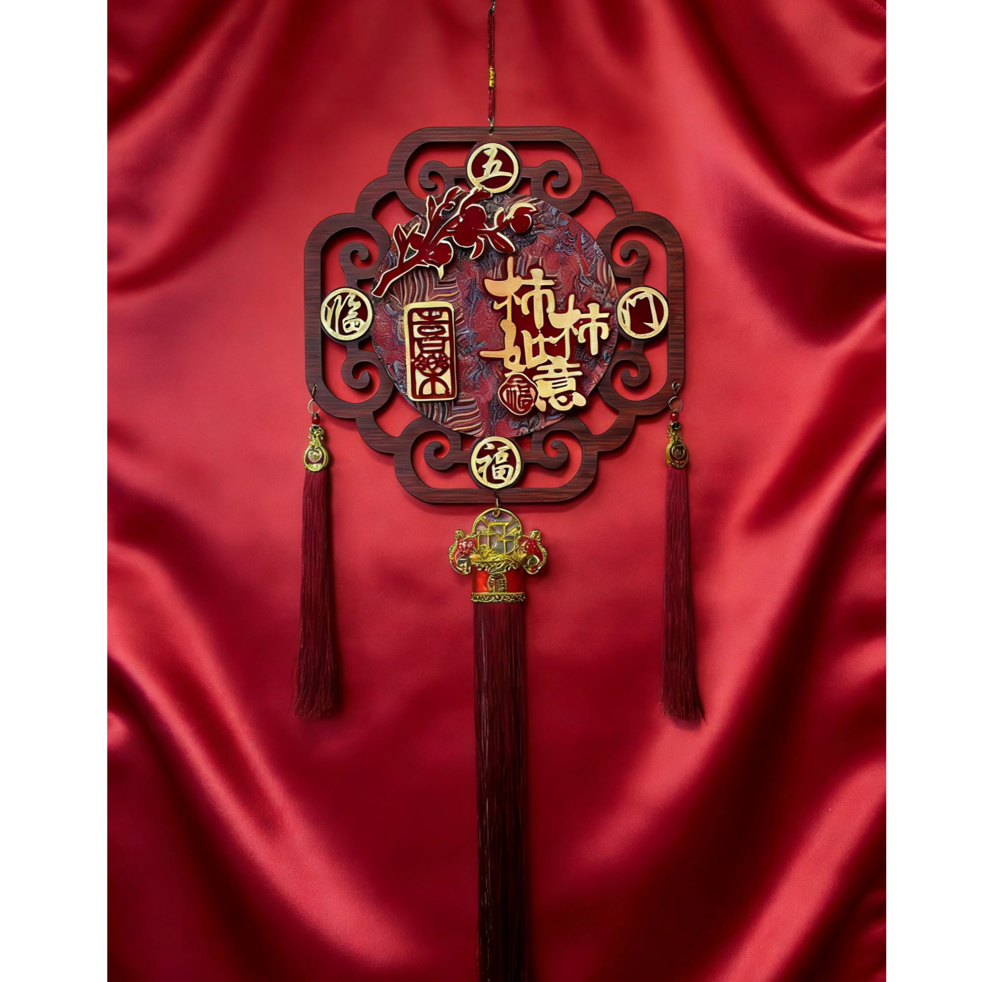 马年新款宋锦背景实木挂件春节入户门客厅高档喜庆玄关背景墙挂饰