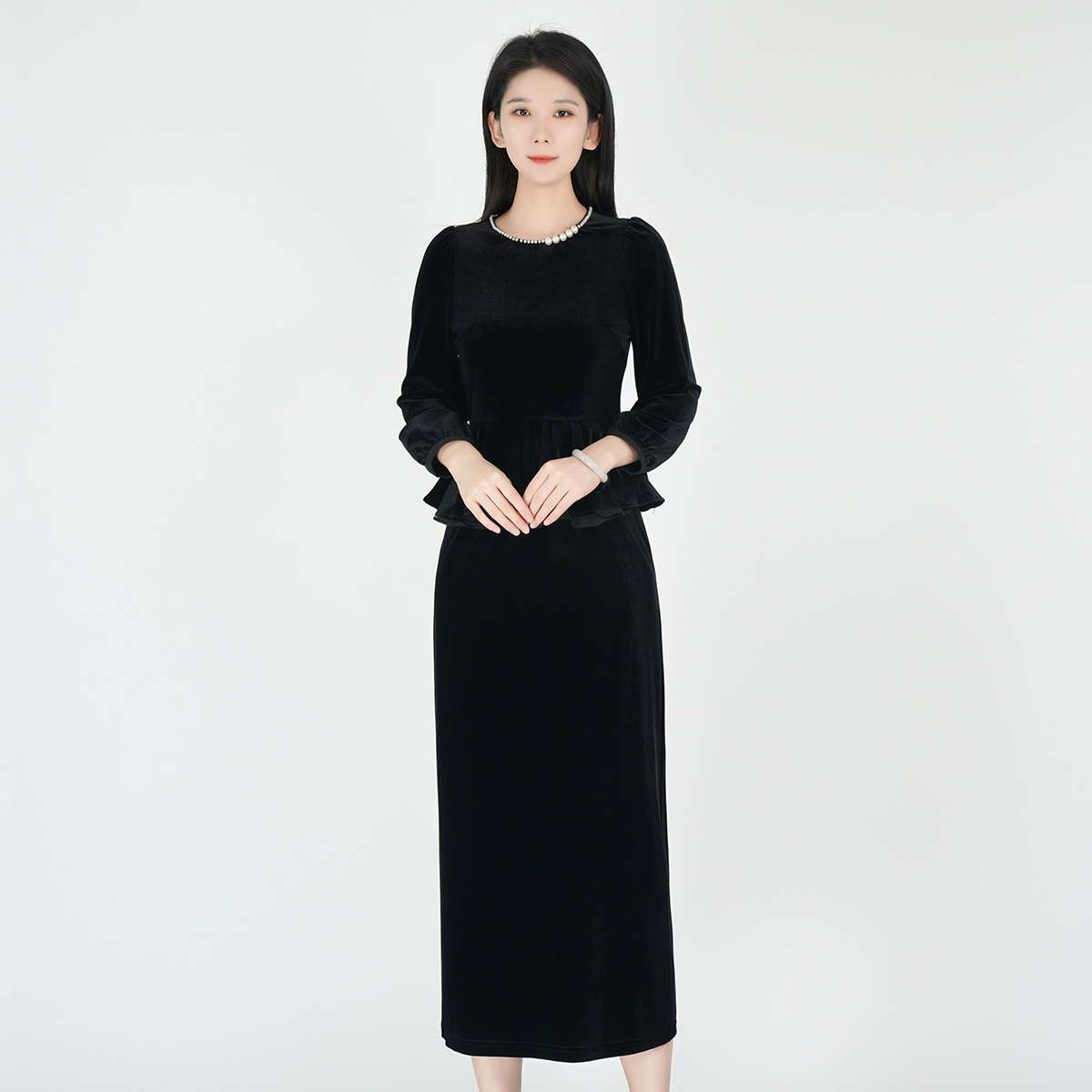 国风优雅黑色贵气修身显瘦秋新款丝绒套装WH05006809+WK05006809