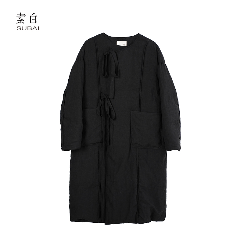 素白【夜曲】R02003中长款圆领系带新中式加厚保暖亚麻羽绒服