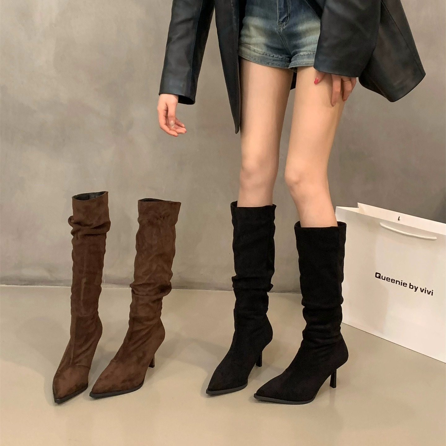 小众高跟尖头棕色美拉德长筒靴2025秋冬季加绒堆堆靴瘦瘦中筒长靴