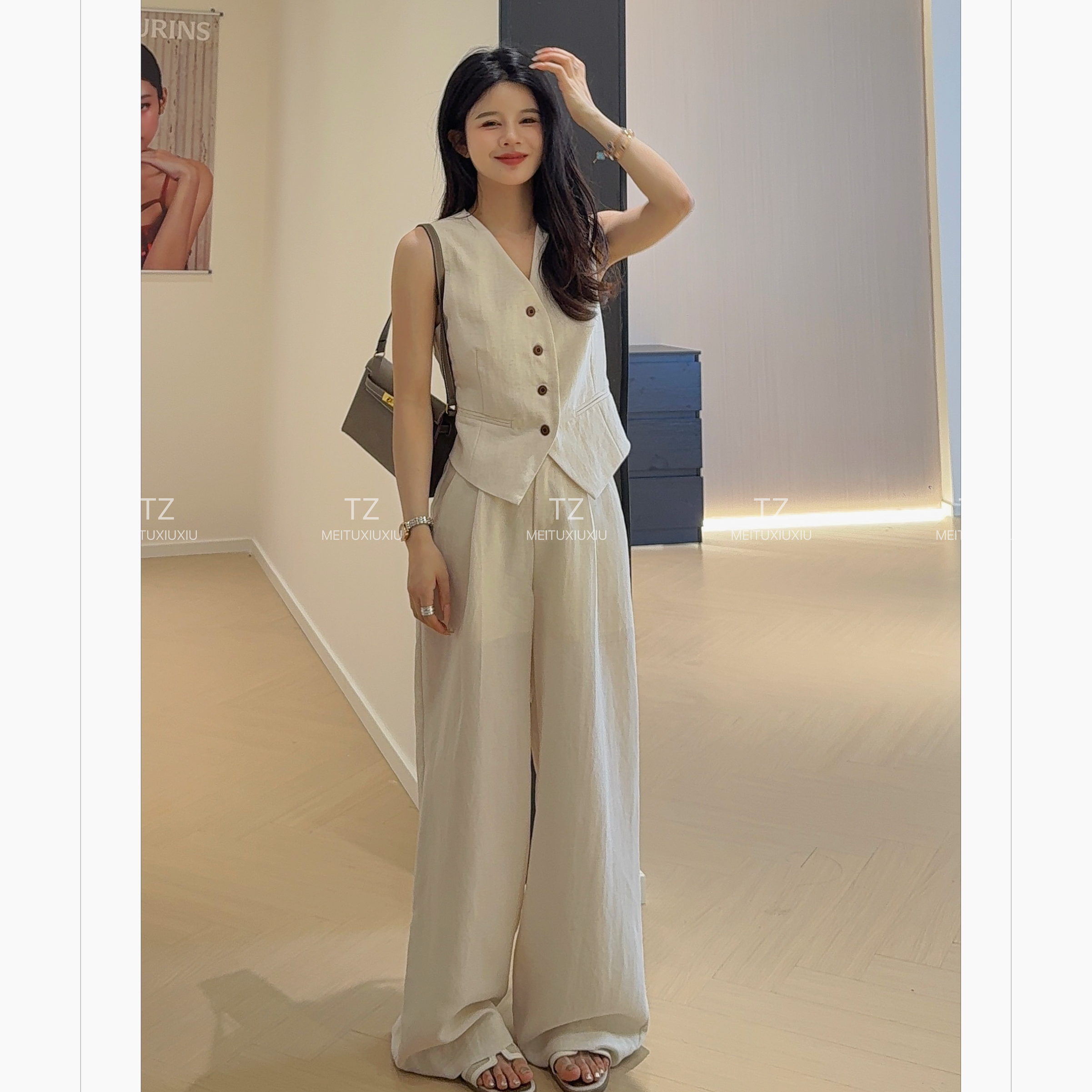 【婷子定制】~150小个子改版夏款老钱风气质松弛感无袖马甲套装C169