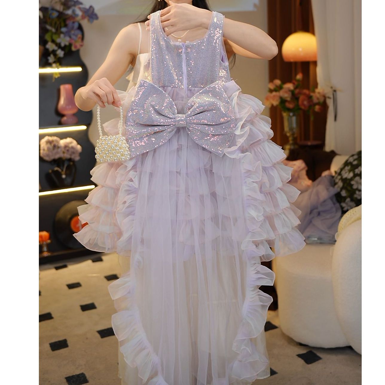 【小千金专属】夏季儿童蝴蝶结大拖尾亮片无袖网纱蓬蓬连衣裙HCB359