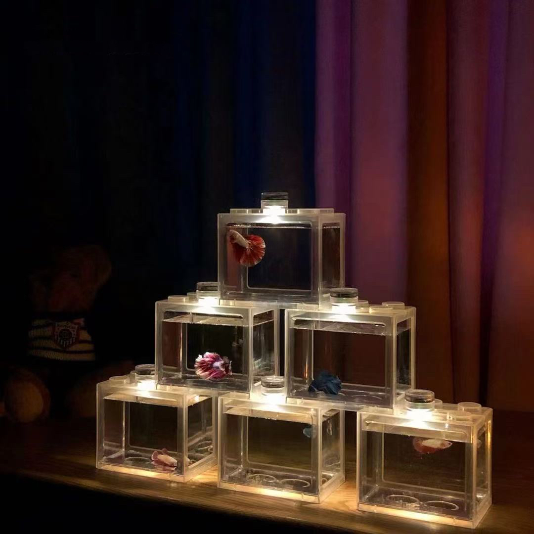 泰国斗鱼缸盒杯瓶积木缸迷你鱼缸桌面斗鱼缸隔离微景观创意生态缸