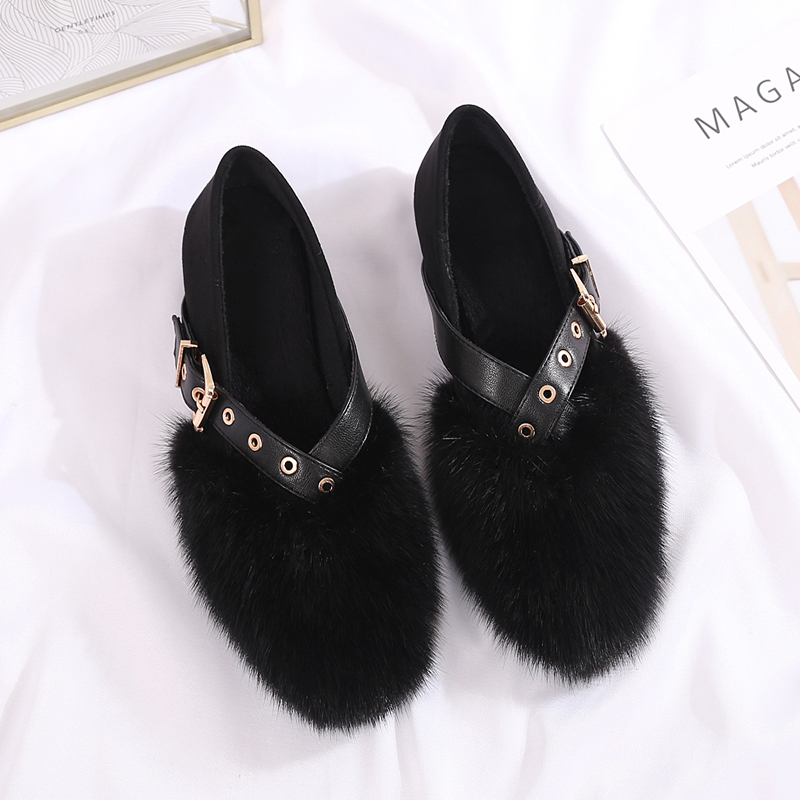 欧洲站真水貂毛毛鞋皮带一脚蹬欧美风女平底单鞋方头加绒单鞋