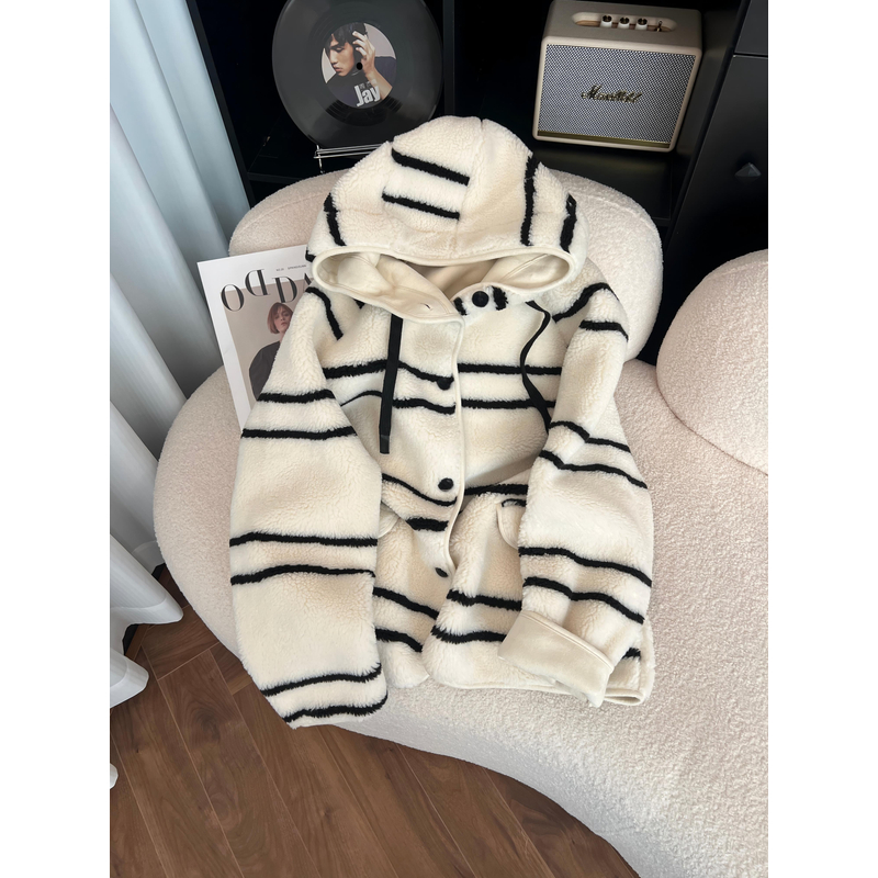 秋冬时尚休闲黑白条纹中长款厚款连帽外套GK-733