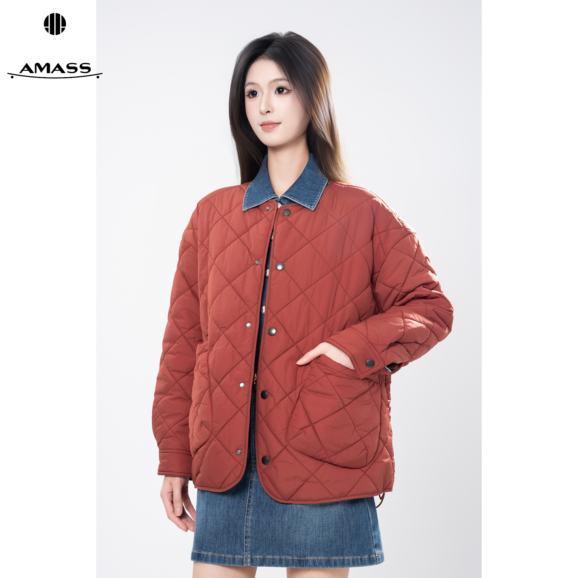 AMASS/阿玛施冬季新款圆领压线厚菱格宽松新雪丽棉服外套 5400730