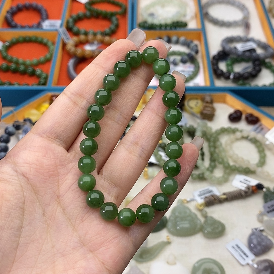 和田玉未镶嵌手链w14碧玉8mm