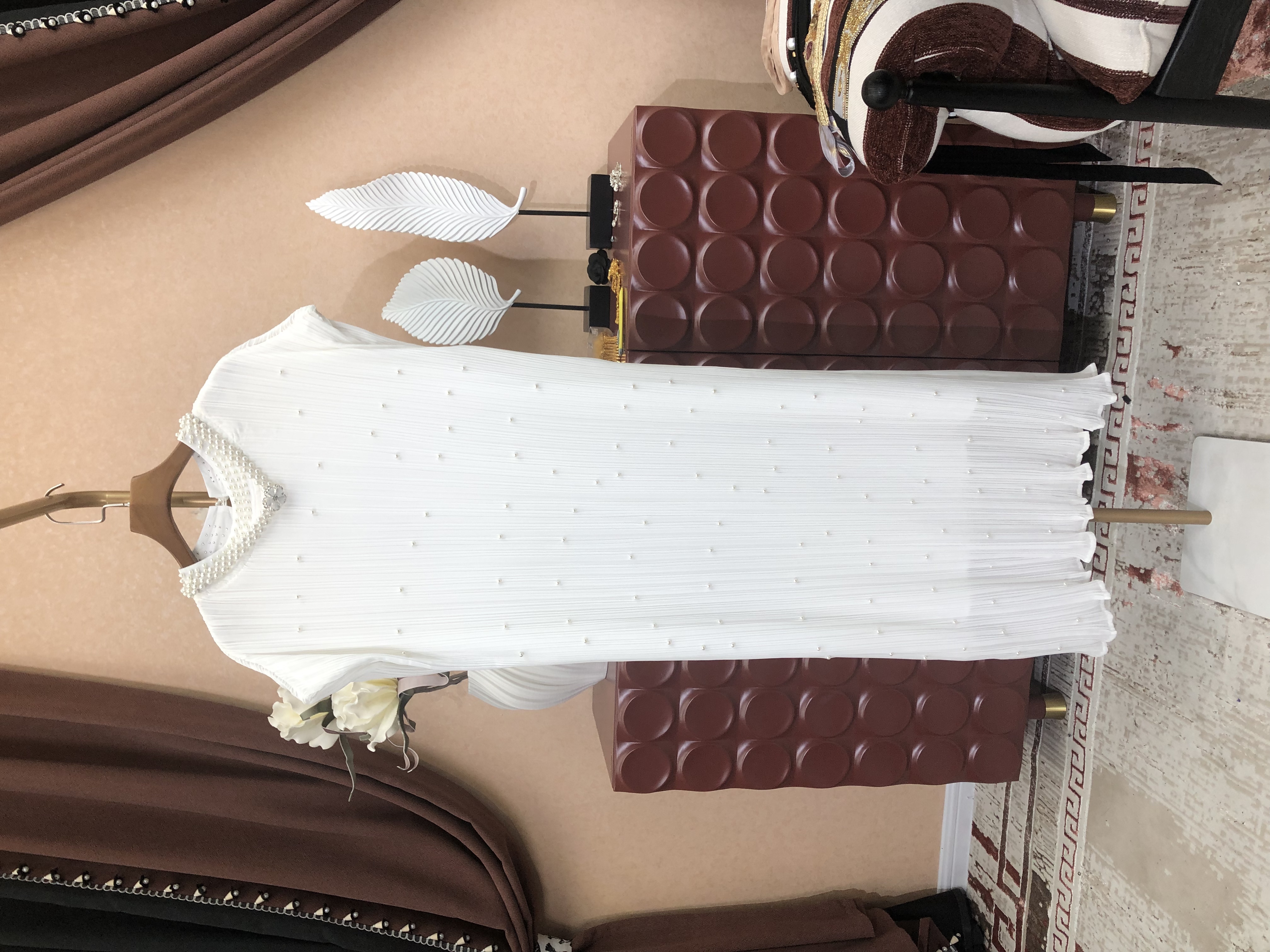 【A115】星霜缀领 气质圆点珍珠领饰垂坠感短袖长裙质百搭女士夏季