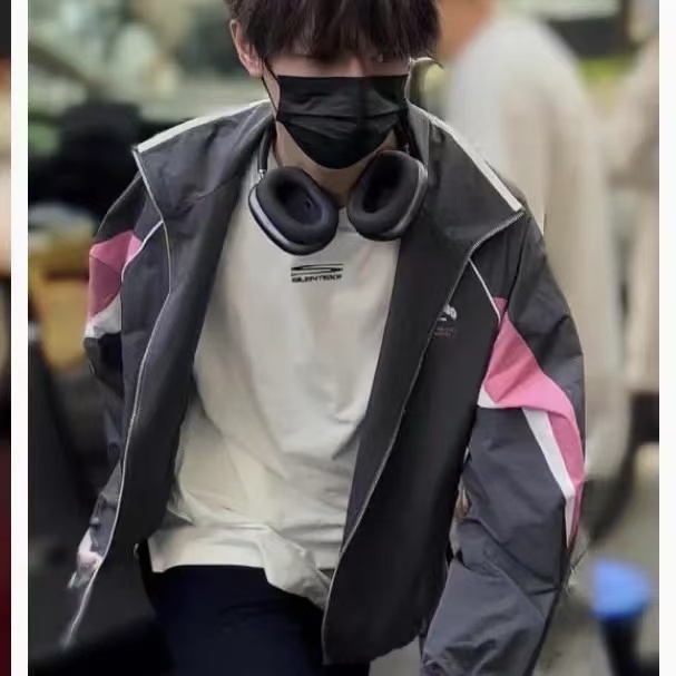 H-19 2024秋冬新款字母印花拼接教练夹克男女百搭情侣外套 36131