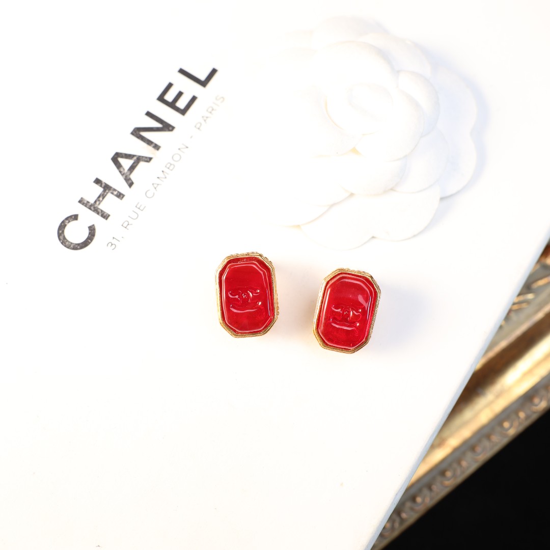 95新 Chanel/香奈儿 柚礼中古/香奈儿红琉璃印章双c耳夹cq511003
