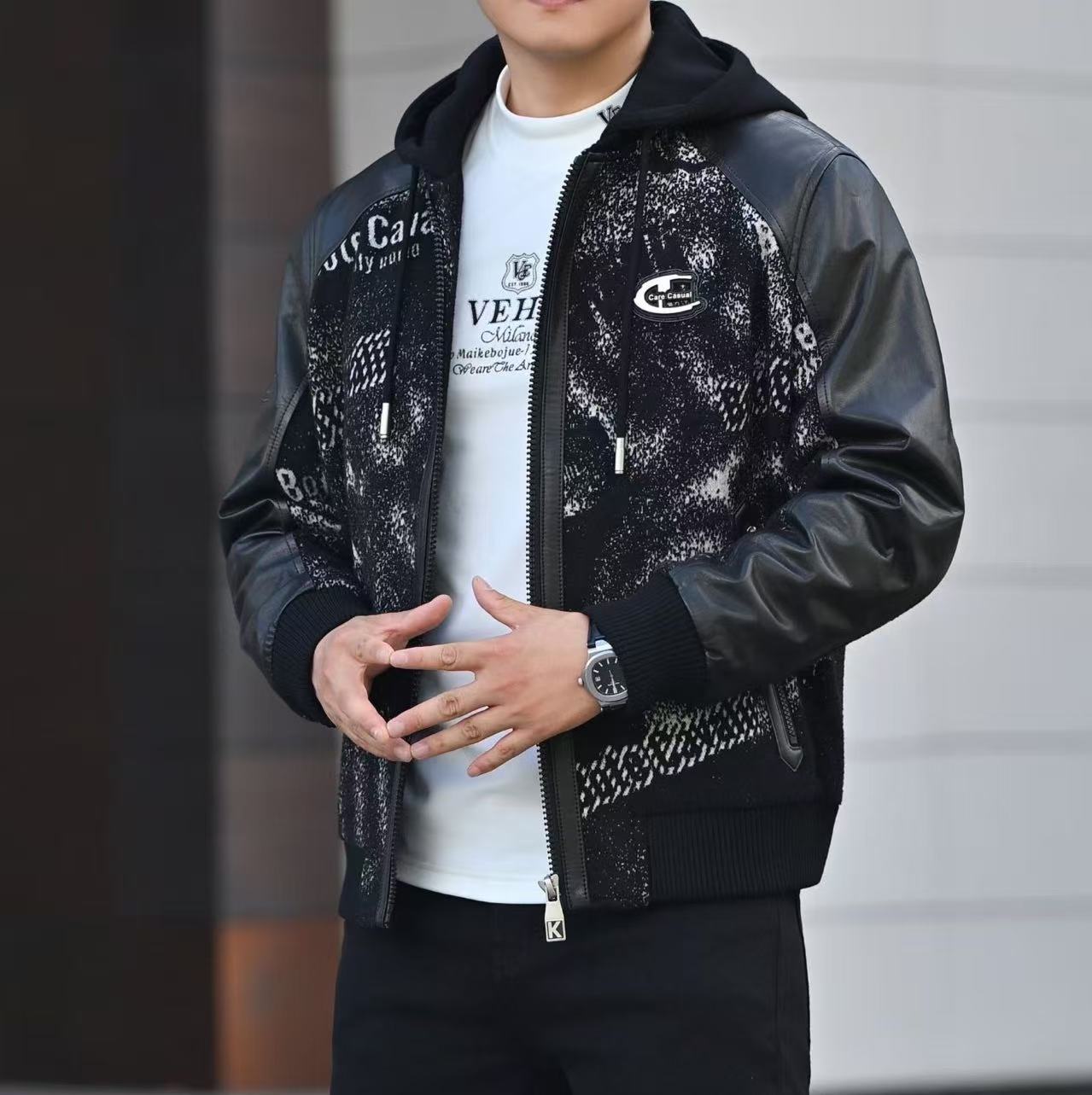 欧货冬季新品时尚潮流个性提花皮拼接男士连帽鹅绒外套