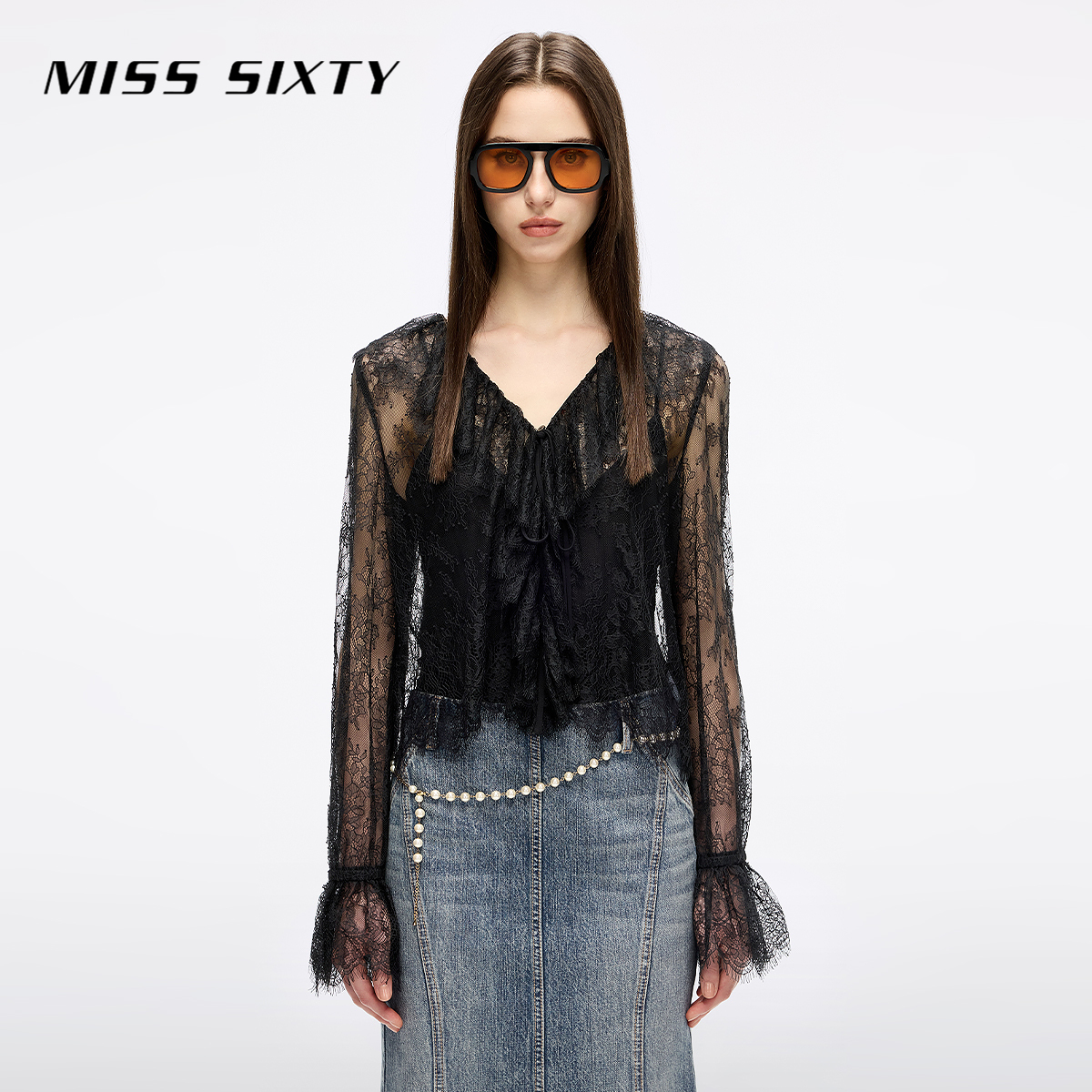 Miss Sixty2025秋季新款衬衫女V领系带睫毛蕾丝长袖上衣背心打底