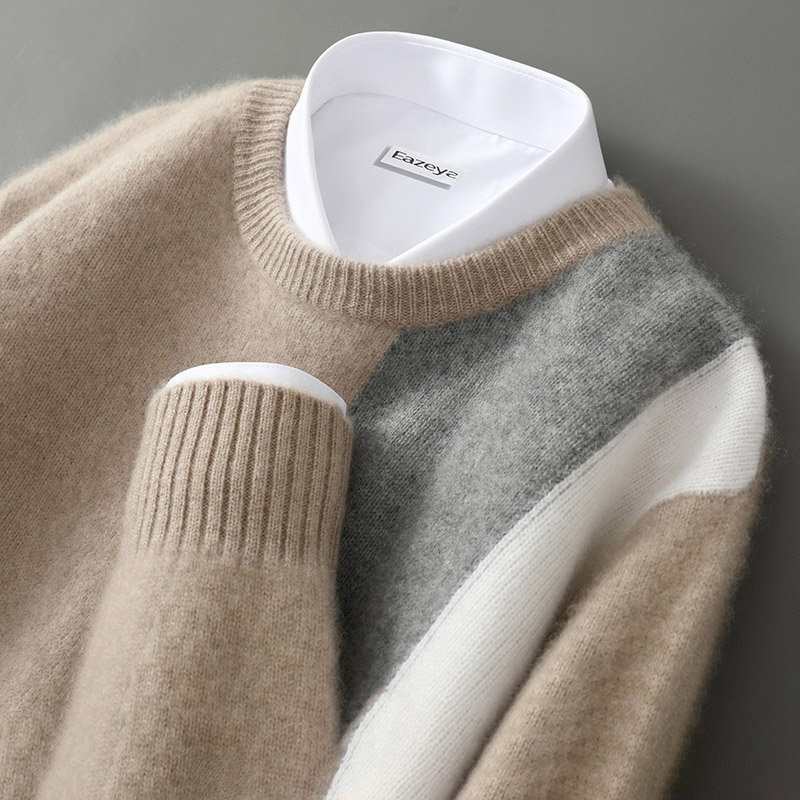 时髦腔调～纯羊绒衫百搭打底衫男拼色加厚毛衣休闲撞色提花针织衫