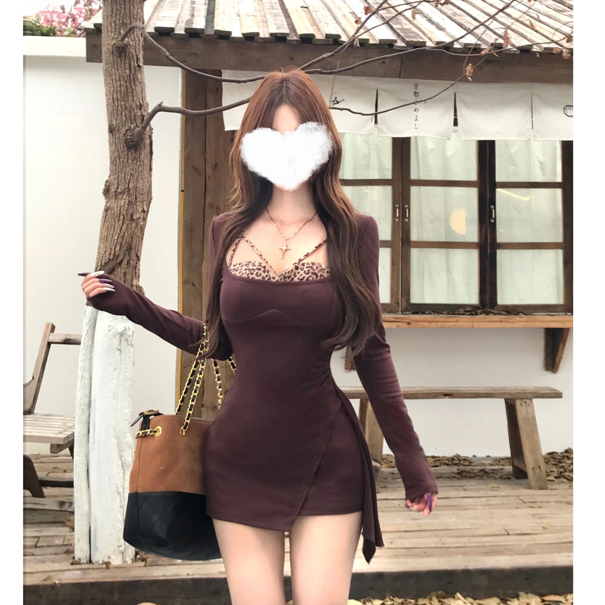 【柔媚交织】性感辣妹豹纹假两件连衣裙女秋长袖打底裙