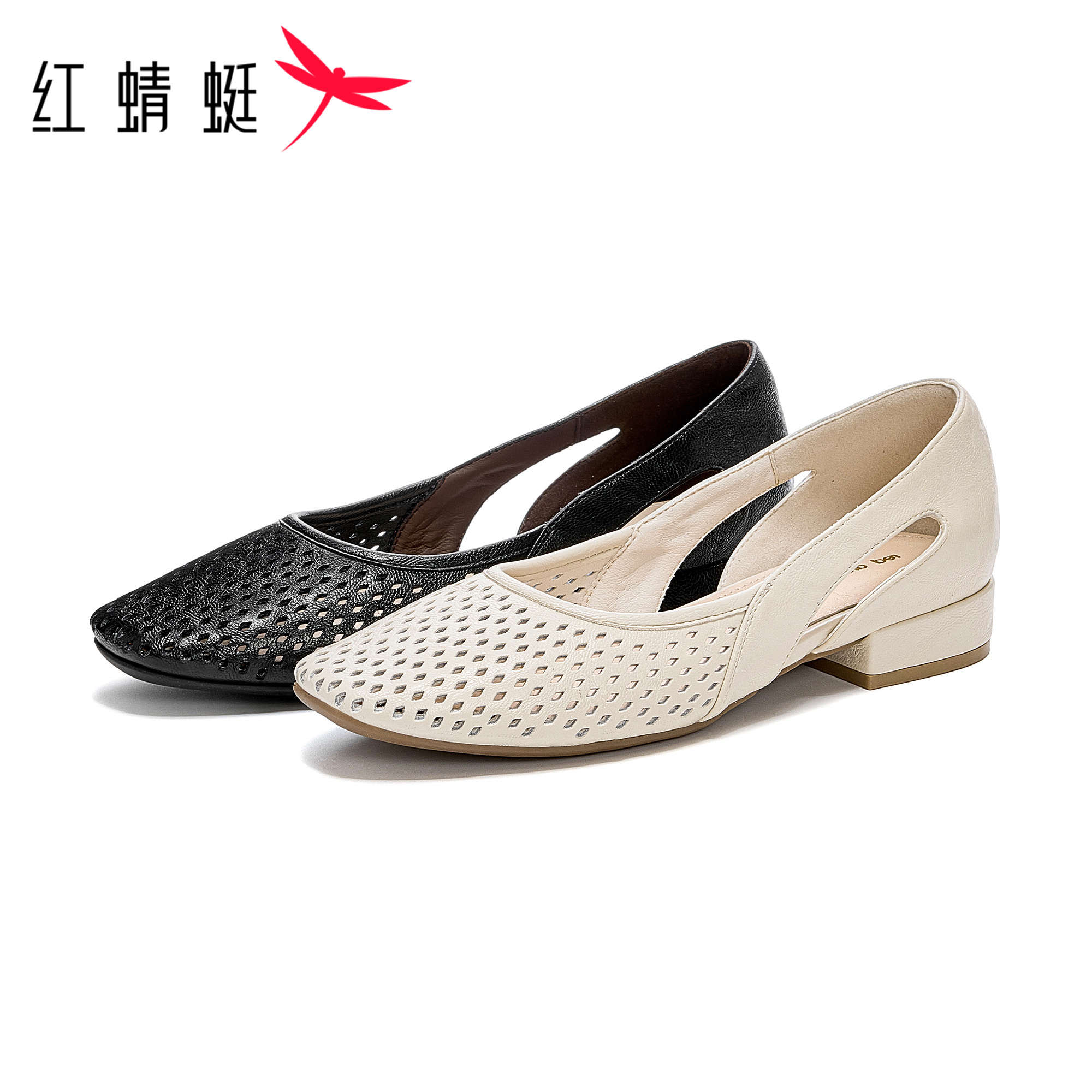 红蜻蜓女式舒适时尚休闲百搭粗跟尖头浅口户外透气圆头透气单鞋