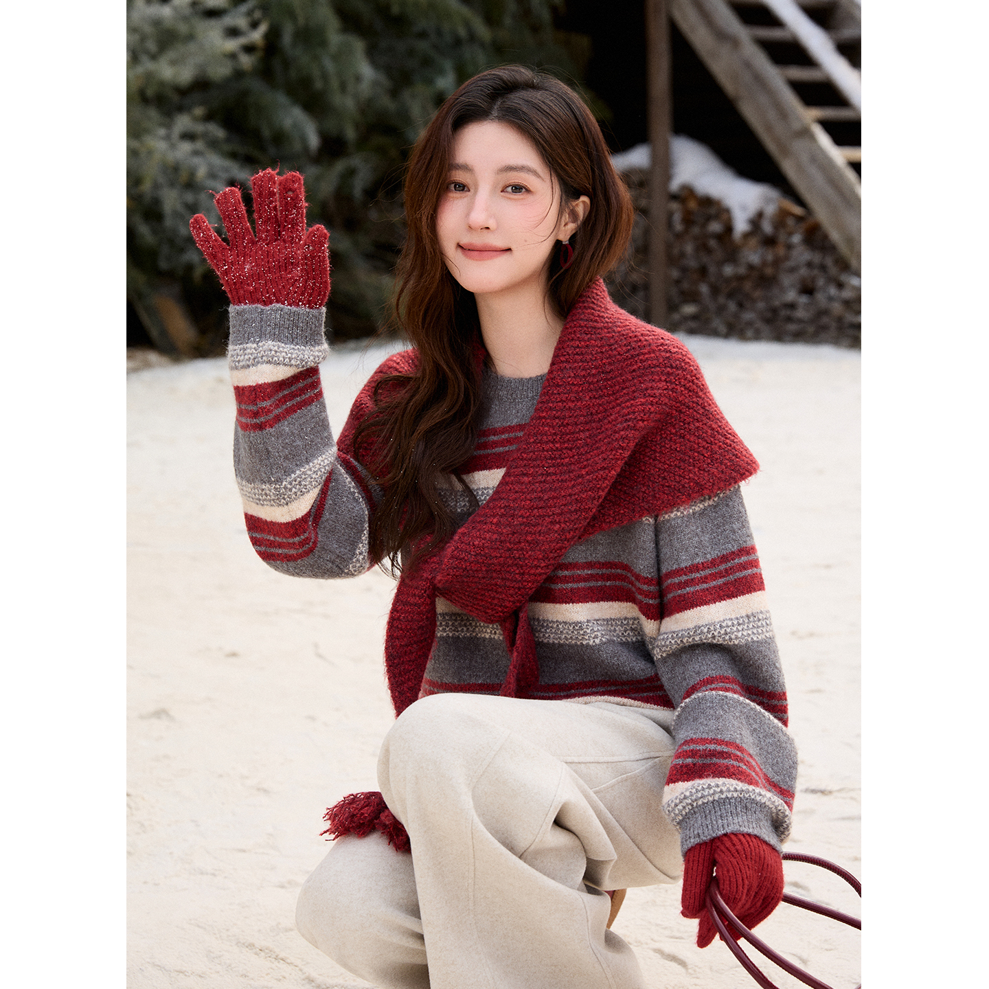 【艾美专属】谜秀红条纹复古圆领套头毛衣针织衫/披肩MXE92Z2828