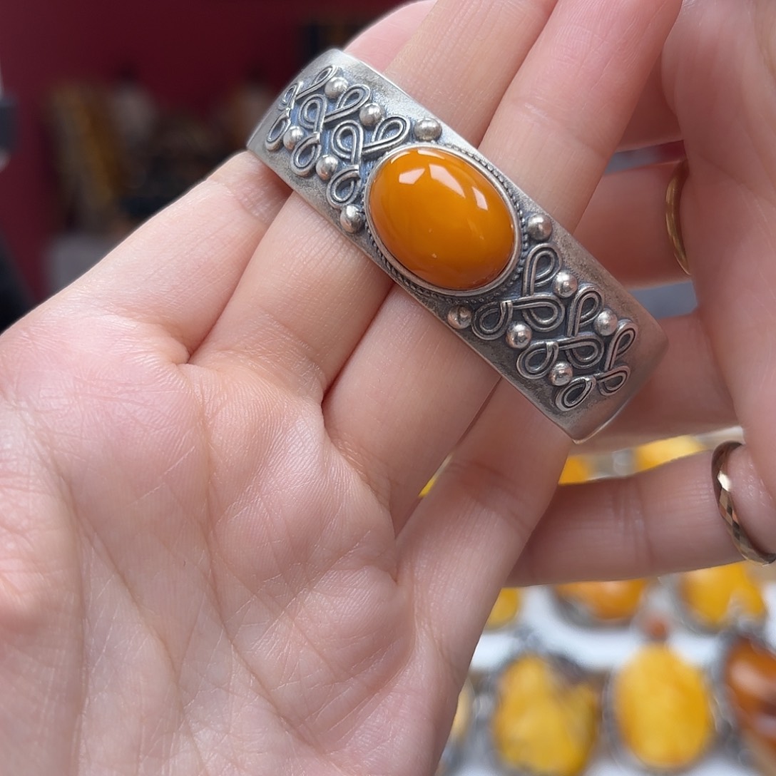 琥珀裸石银S925镶嵌45手镯