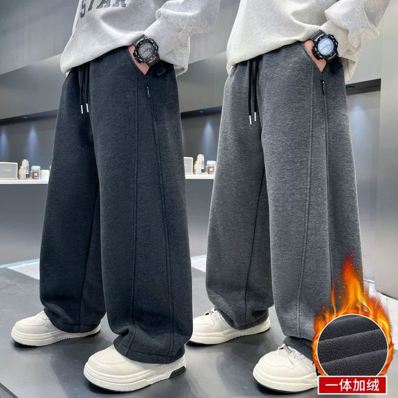 男童加绒裤子秋冬款儿童弯刀裤2025新款中大童宽松休闲直筒长裤潮