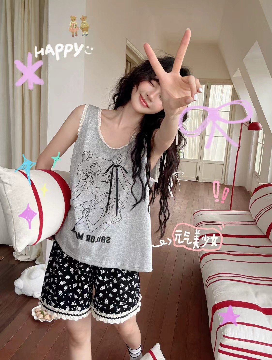 小熊家 集合1背心短裤夏季休闲宽松薄款卡通印花家居服套装