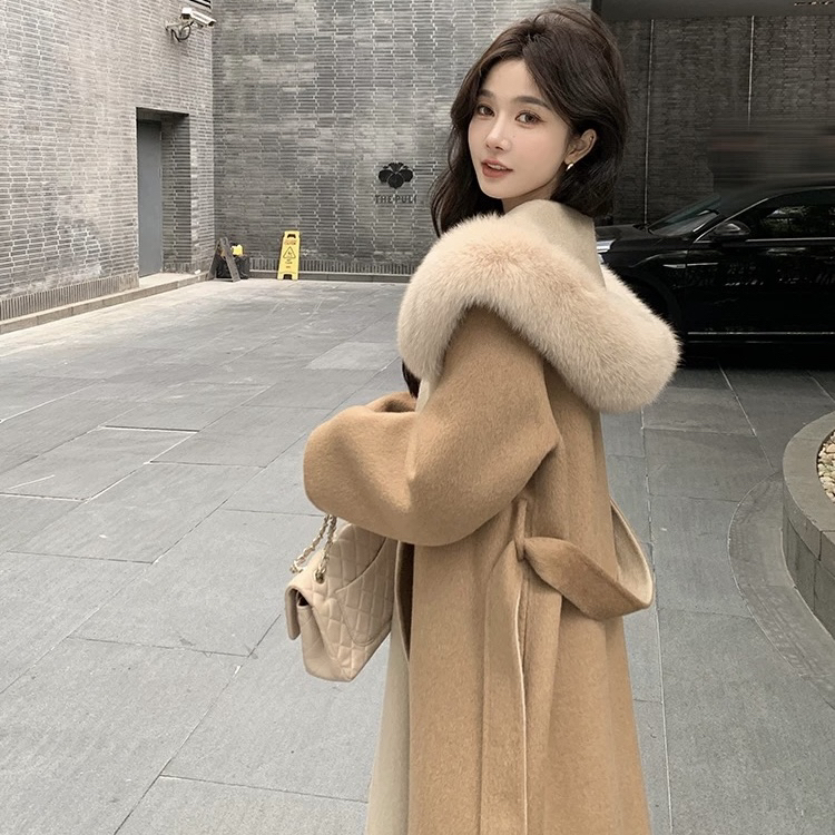 4双色羊毛大衣中长款拼色甜美可爱羊毛外套气质网红时尚显瘦百搭