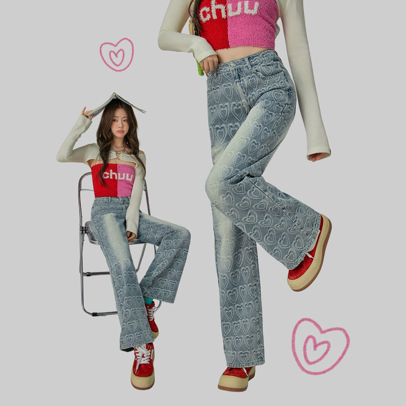 0309【金拐子专属】CHUU设计感洋气阔腿裤女印花高腰牛仔裤-F