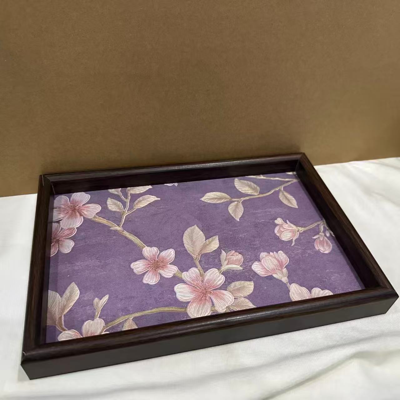 油画风胡桃色紫底花卉茶托盘收纳茶盘