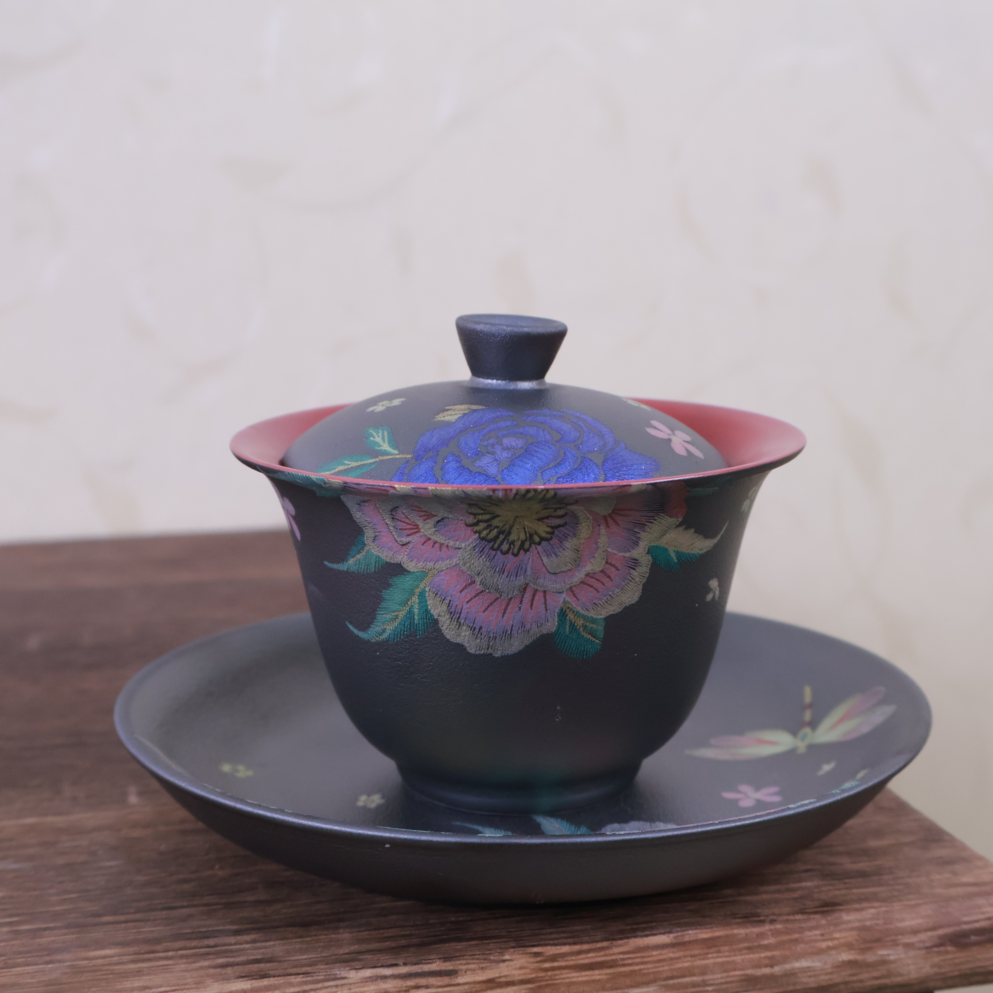 复古缂丝牡丹三才盖碗