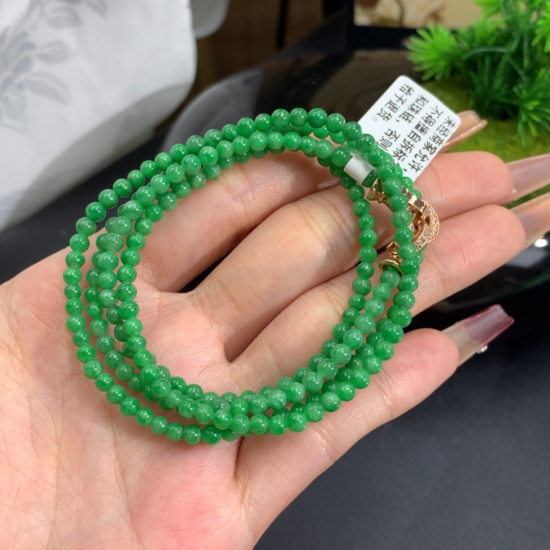 翡翠手链未镶嵌卡3.4辣阳绿小米项链