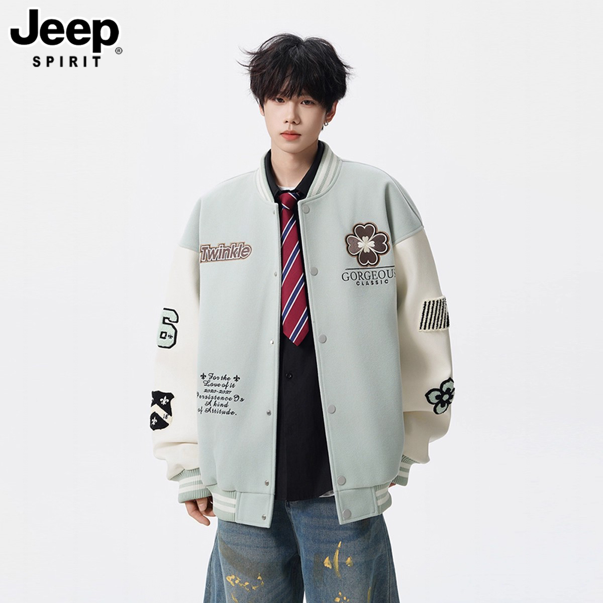 JEEPSPIRIT美式毛巾绣皮拼接棒球服外套新款撞色百搭秋冬男士夹克