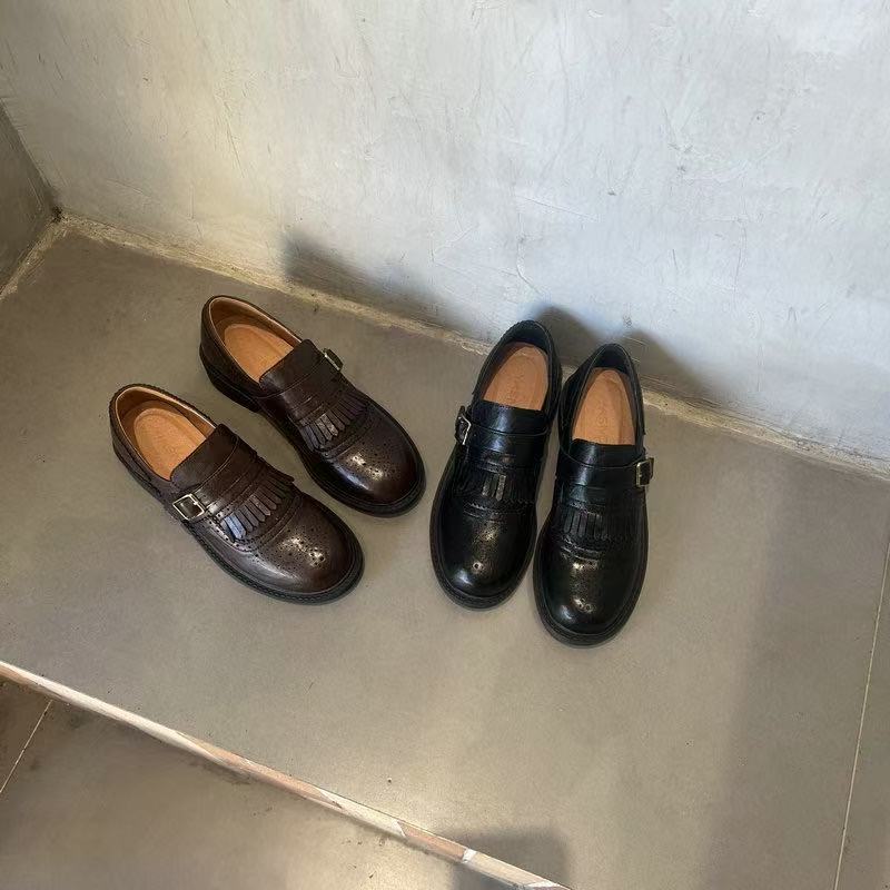 工厂价羊皮纹英伦风百搭乐福女鞋新款厚底真皮一脚蹬小皮鞋