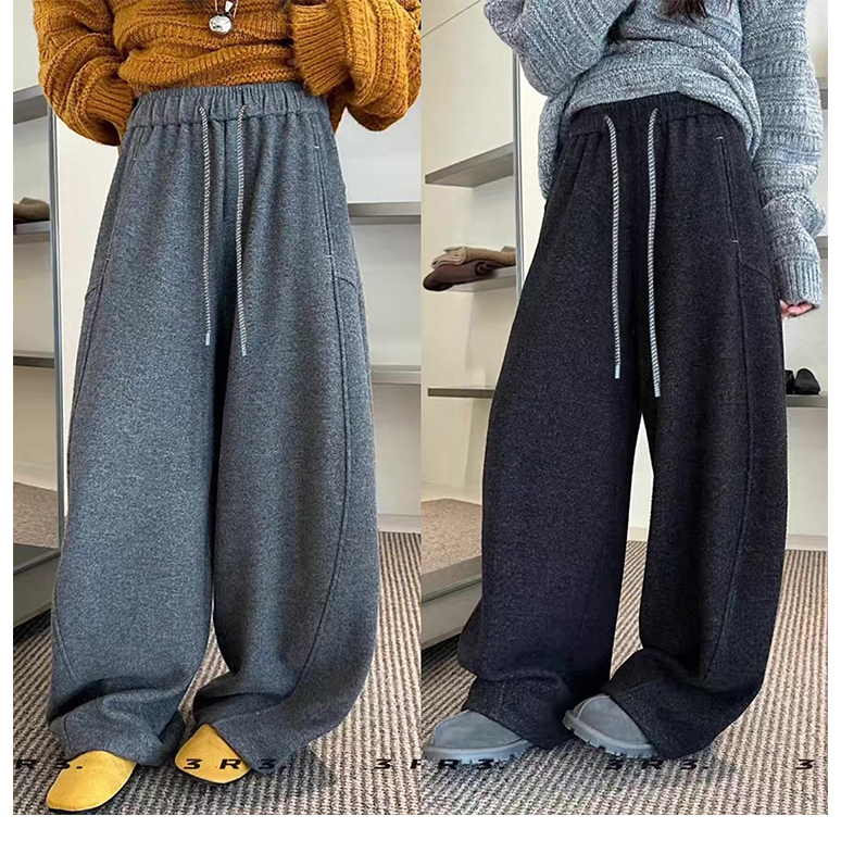 2025韩国东大门秋冬毛呢新款加绒百搭阔腿裤女高腰显瘦休闲裤