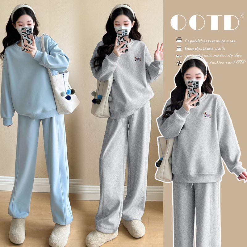 孕妇装秋冬款套装休闲宽松长袖卫衣加绒加厚运动阔腿裤简约两件套