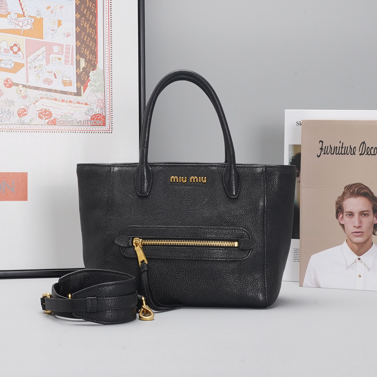 99新 MIU MIU/缪缪 【诗诗】笑脸托特包手拎斜挎包/98新