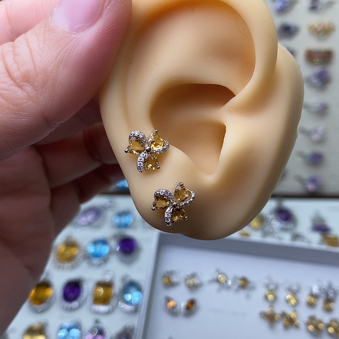 黄晶耳饰银S925镶嵌需要证书备注