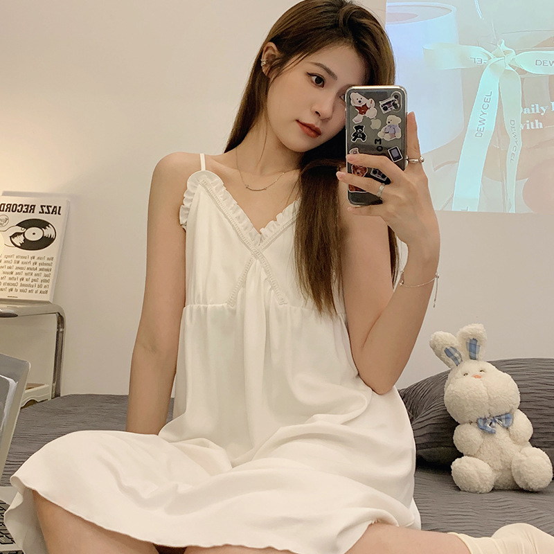 夏天薄款公主风米白色韩系甜美仿棉吊带睡裙少女甜美仙女风性感