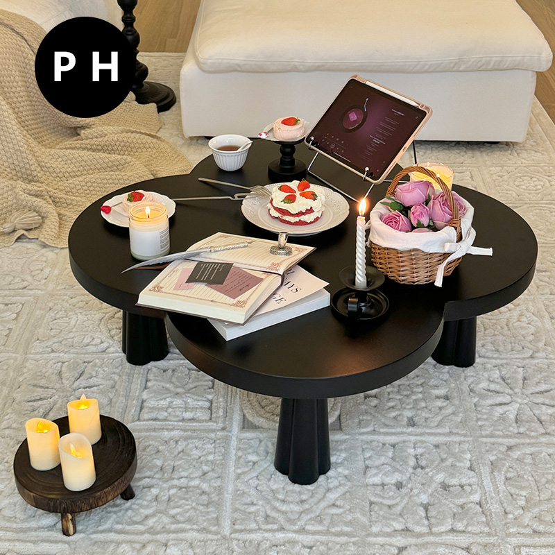PH家居四叶草法式中古复古茶几实木异形创意家用小户型黑色茶桌