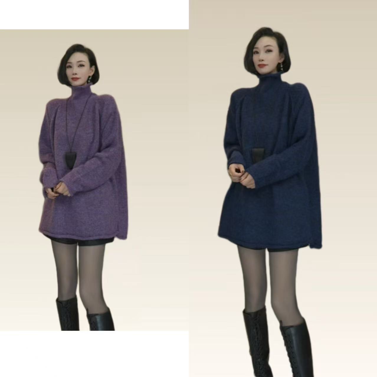 蒋姐家 欧货高领慵懒风开衩大版毛衣 米