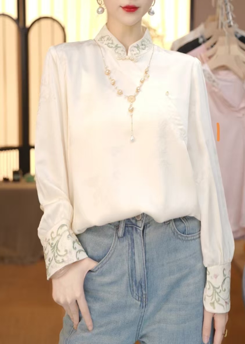 秋冬新中式长袖对襟常规款翻领中年衬衫国风提花精致韩风常规上衣
