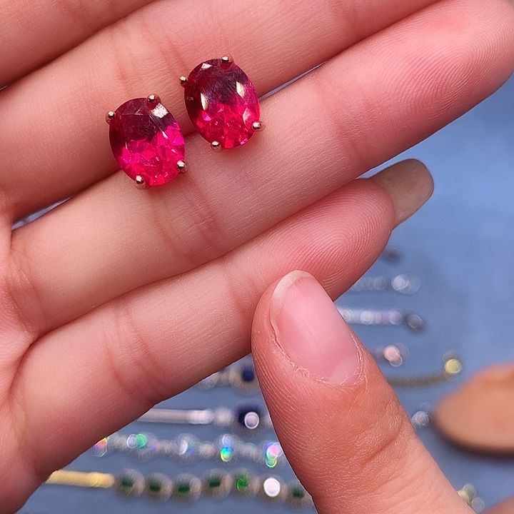 红宝石耳饰银S925镶嵌