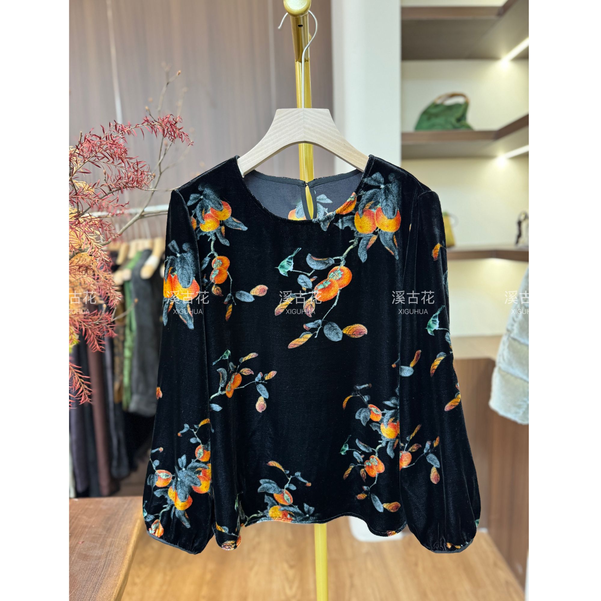 【 柿柿如意】新中式真丝丝绒刺绣上衣女 时尚百搭圆领秋装小衫