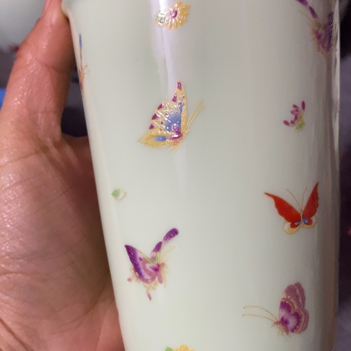 碗陶瓷绿稀土蝴蝶描金大可乐杯