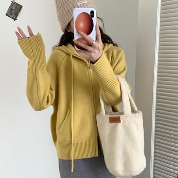 玲姐定制-连帽抽绳款双拉链双口袋纯色百搭针织开衫443036