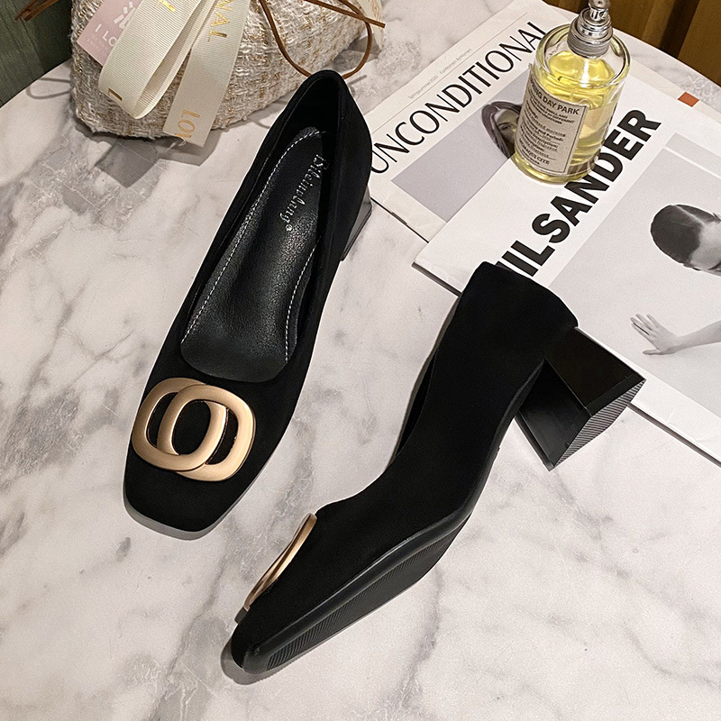 晚晚风淑女单鞋女鞋子2023新款爆款复古通勤软皮方头中高跟奶奶鞋