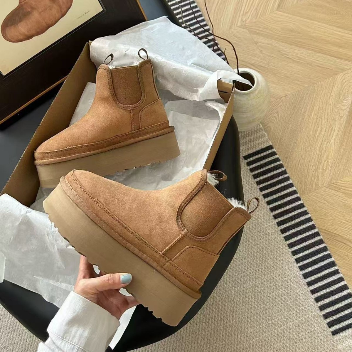 【切尔西】秋冬桑坡雪地靴羊皮毛一体5cm中短筒马丁靴骑士靴