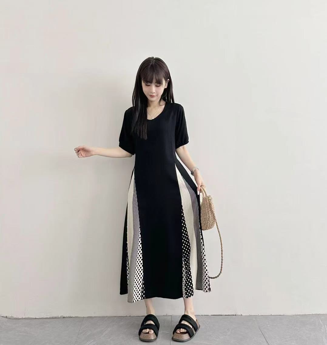 山东特产（人造棉）夏季时尚拼接V领大摆绵绸连衣裙#7312