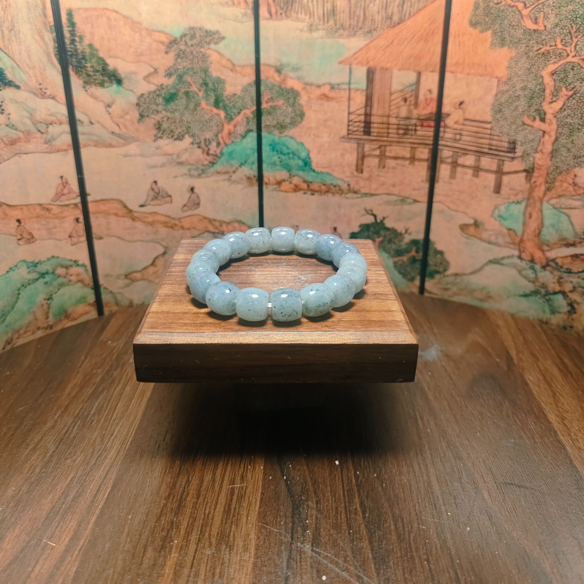 V和田玉点墨青花桶珠手串（卡12）0776